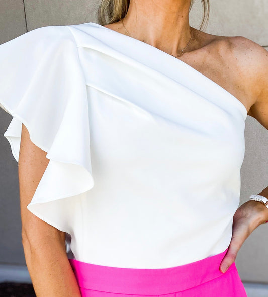 Lovely Ruffle One Shoulder Cropped Top (White)