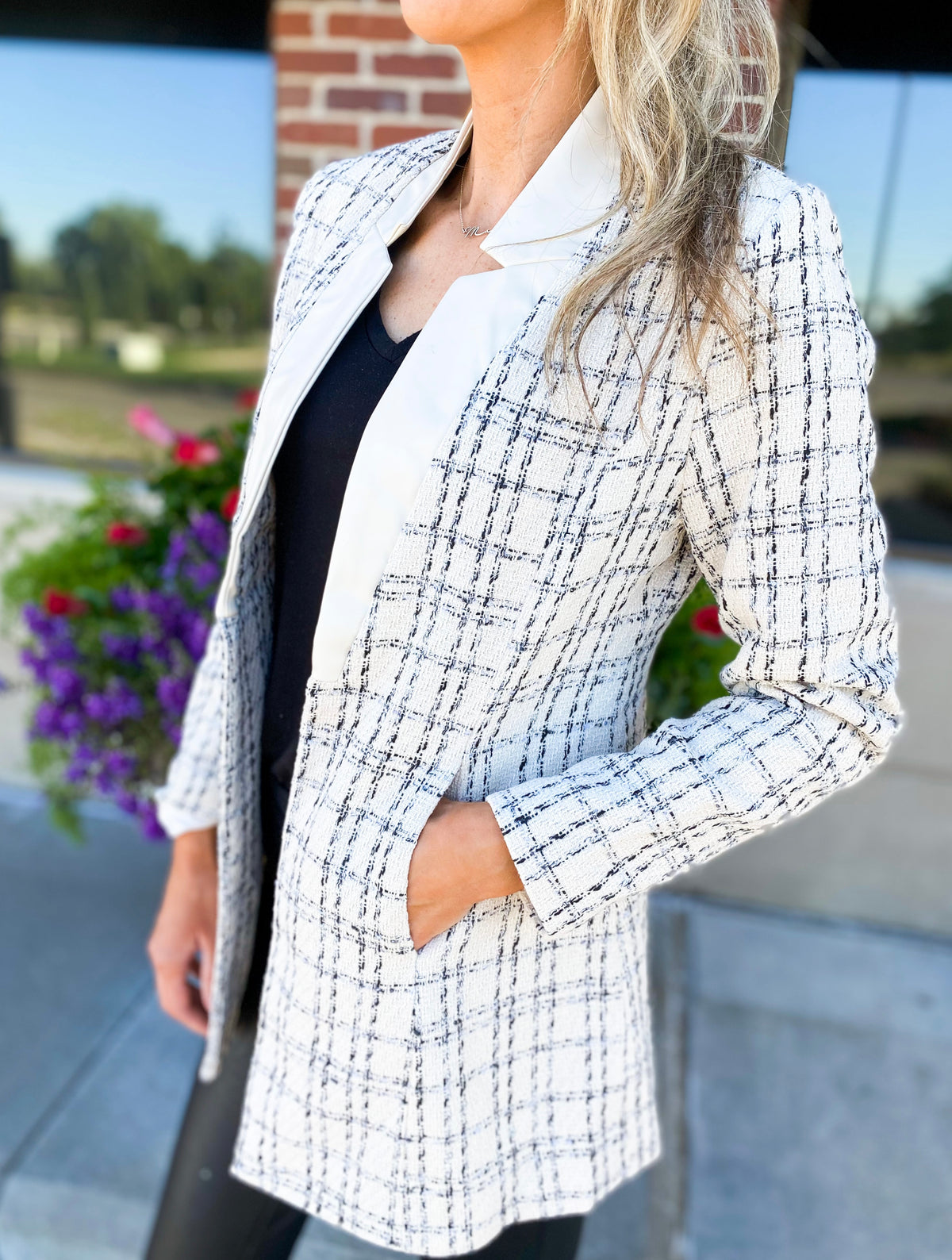 Edie Tweed Faux Leather Collar Oversized Blazer Jacket