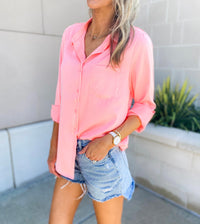 Selena Satin Button Down Top (Neon Light Pink)