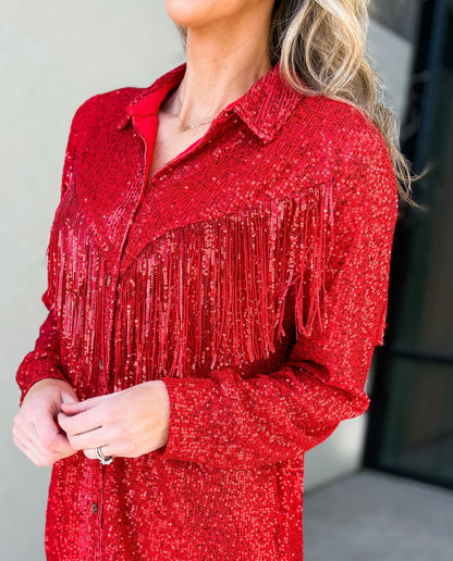 Weston Sequin Fringe Button Up Top