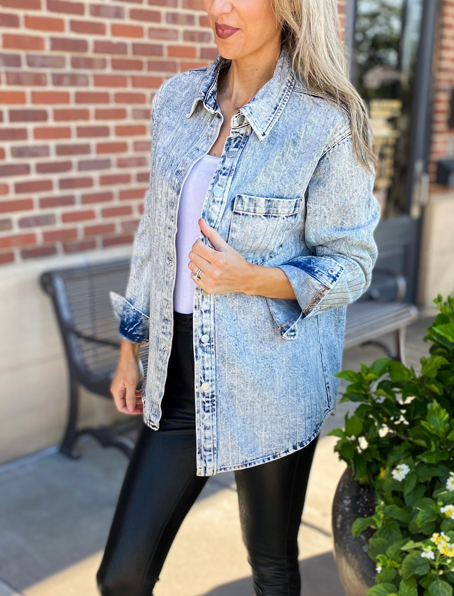 Dynver Embellished Sparkle Striped Oversized Denim Jacket (Light Denim)