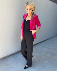 She Knows It Velvet Rouched Sleeve Blazer (Magenta)