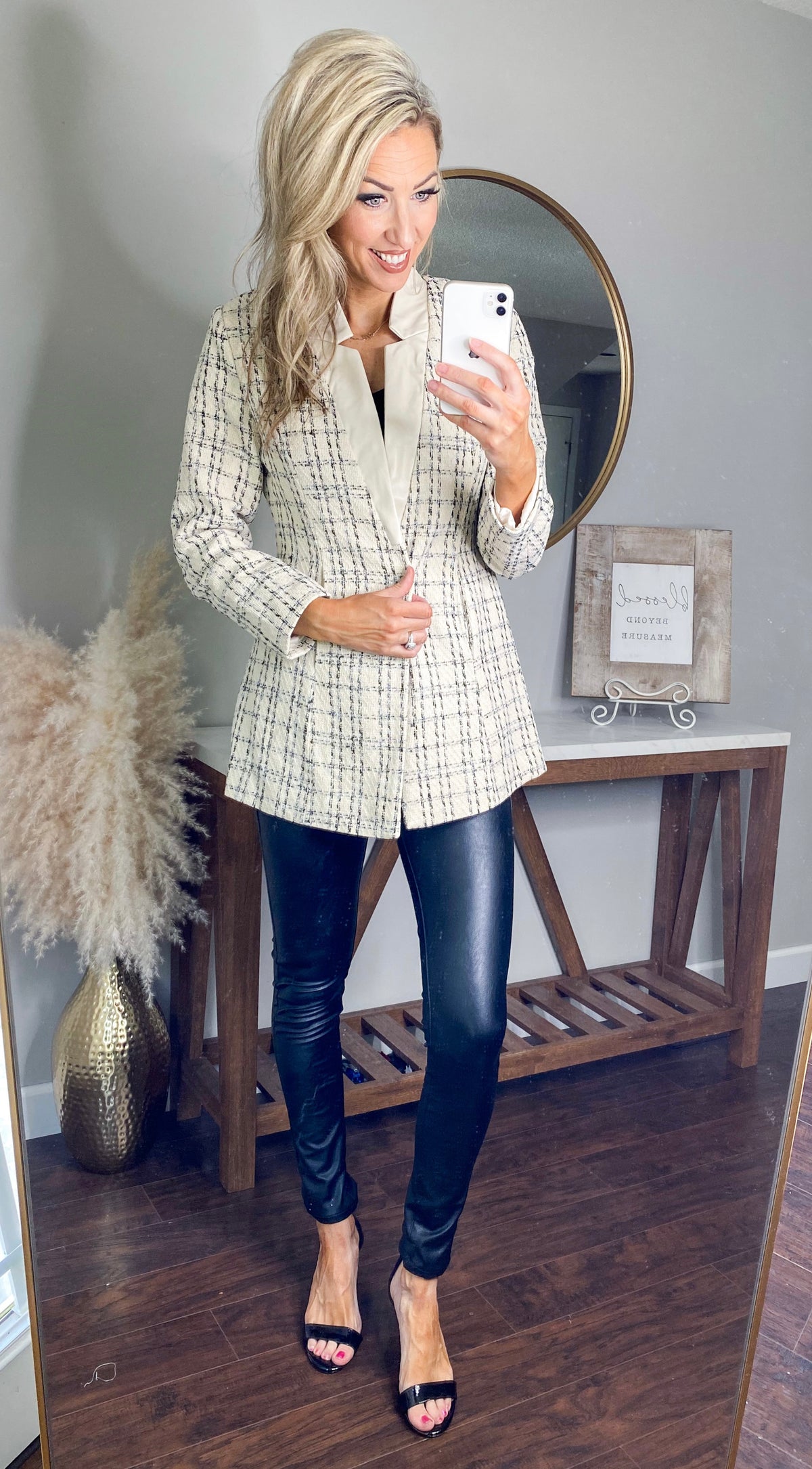 Edie Tweed Faux Leather Collar Oversized Blazer Jacket