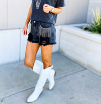 Dolly Rhinestone Fringe High Rise Distressed Jean Shorts (Black)