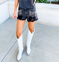 Dolly Rhinestone Fringe High Rise Distressed Jean Shorts (Black)