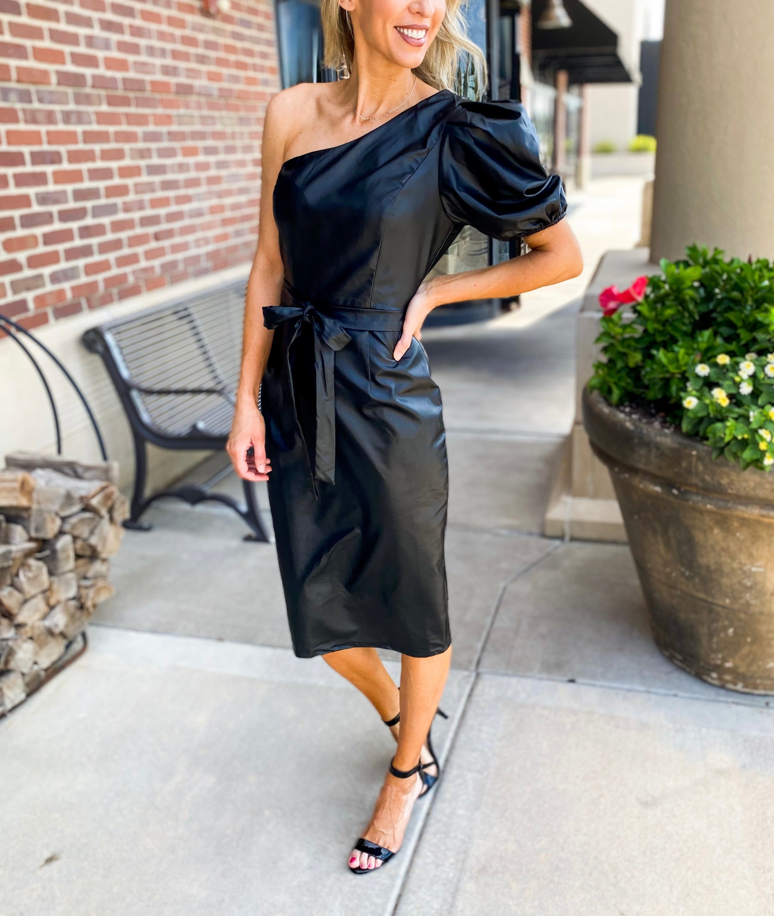 Off shoulder leather dress best sale