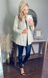 Edie Tweed Faux Leather Collar Oversized Blazer Jacket