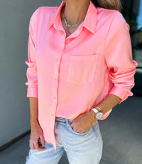 Selena Satin Button Down Top (Neon Light Pink)