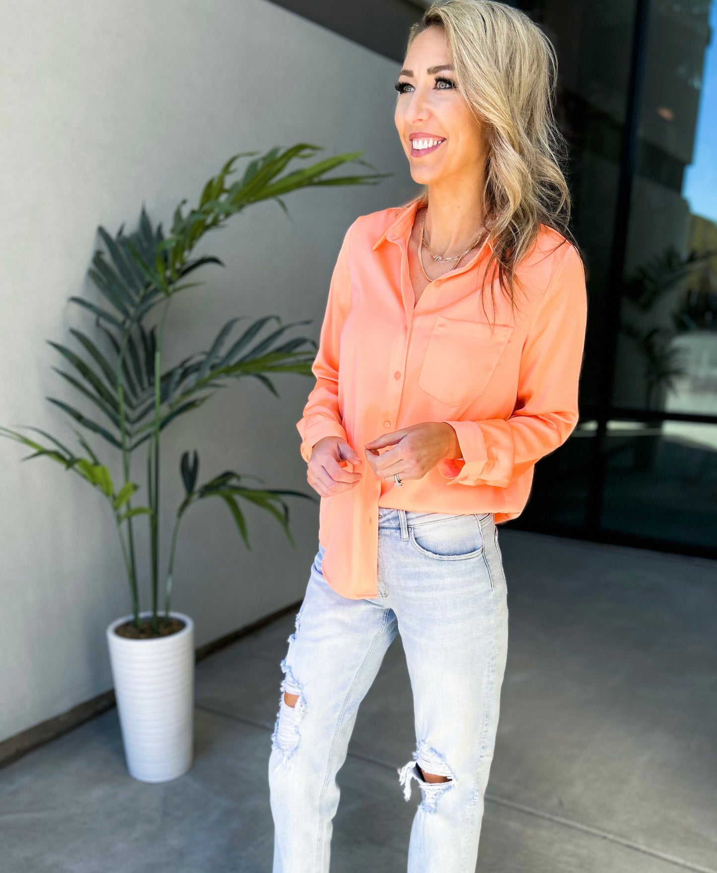 Selena Satin Button Down Top (Neon Orange)