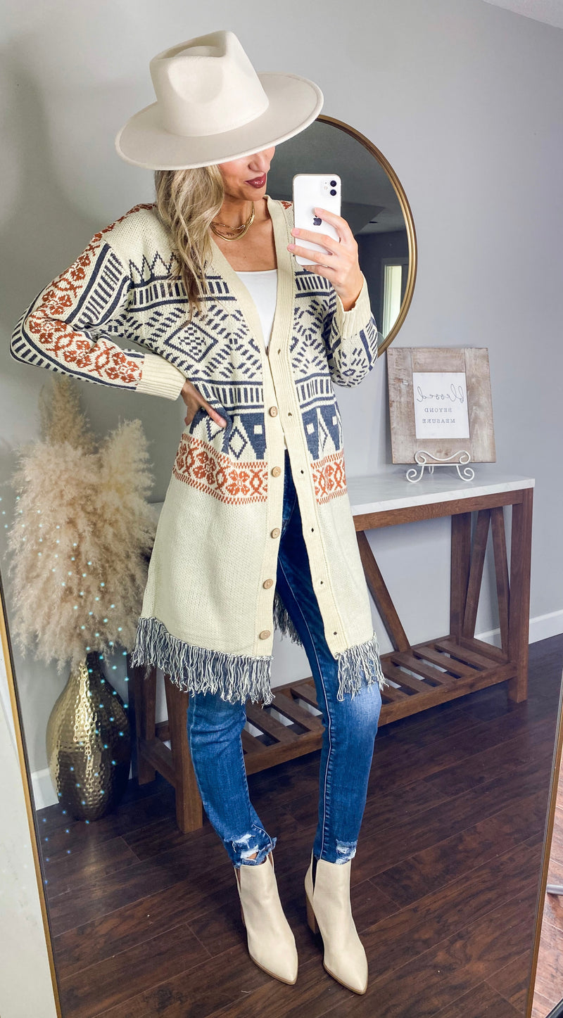 Dunn Aztec Frayed Oversized Long Cardigan