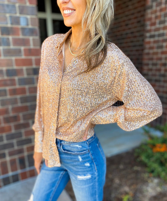 Leave a Little Sparkle Sequin Button Up Oversized Top