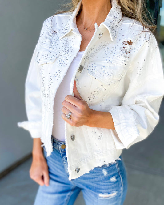 Sparkling Studded Distressed Oversized Denim Jacket (White)