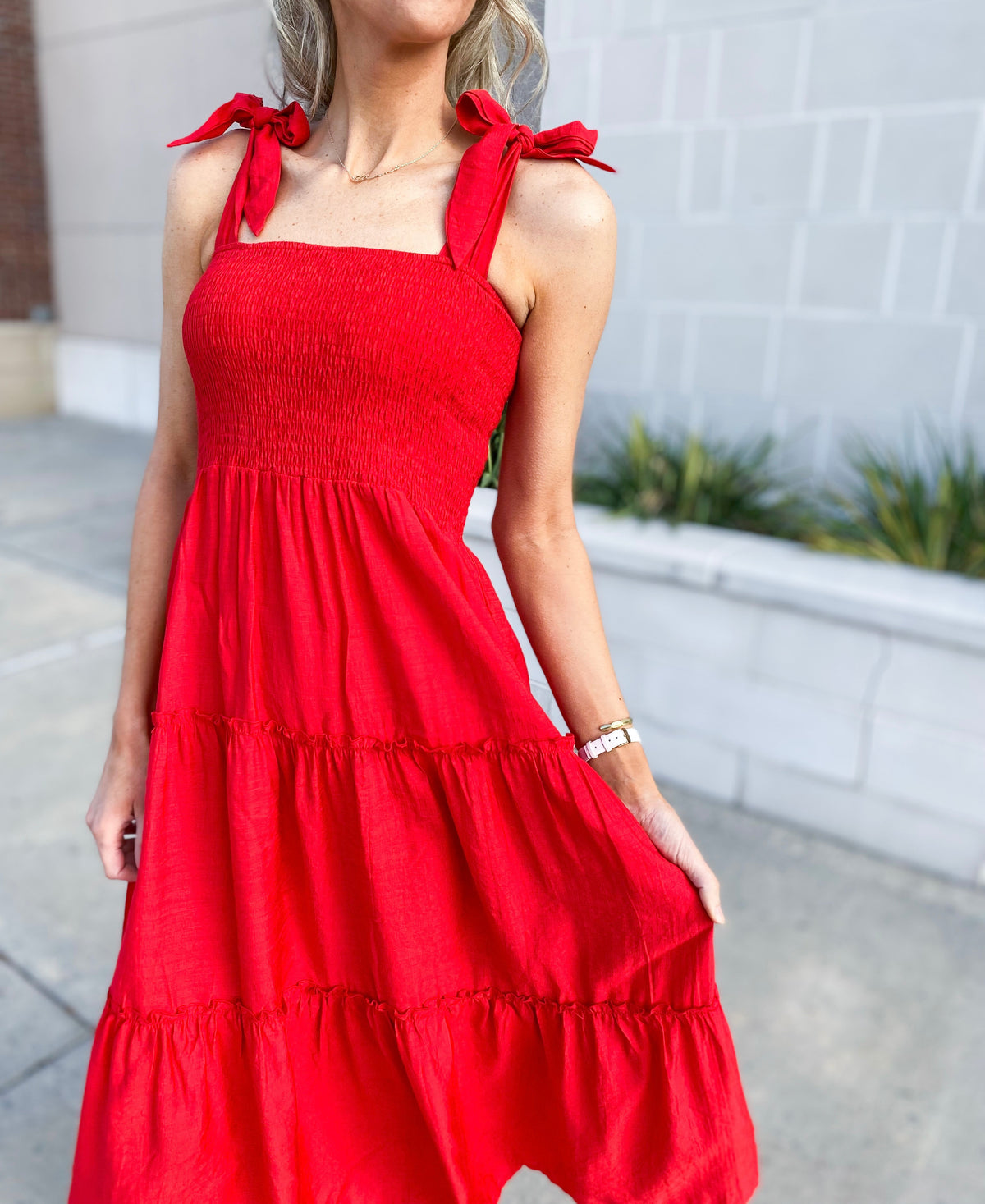 American Sweetheart Shoulder Tie Midi Dress