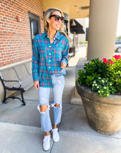 Long Luca Plaid Shirt (Teal)
