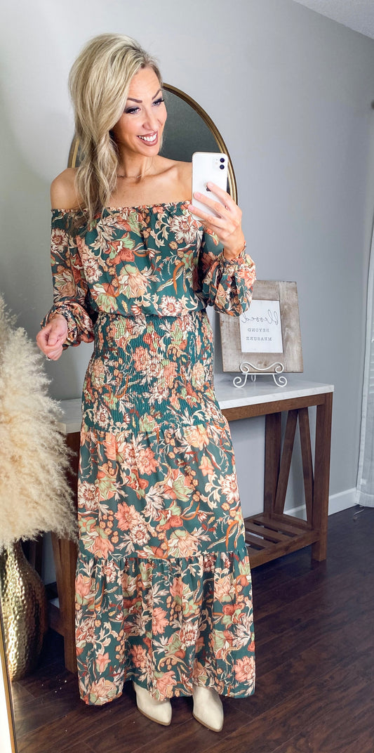 Venida Off The Shoulder Smocked Floral Maxi Dress