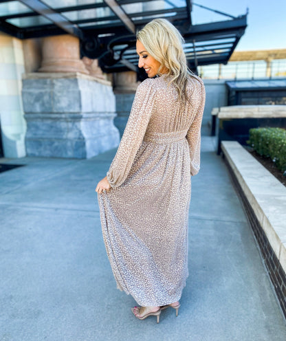 Eve Metallic Foil Animal Print Pleated Maxi Dress