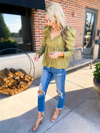 Keely Sweetheart Puff Shoulder Peplum Top