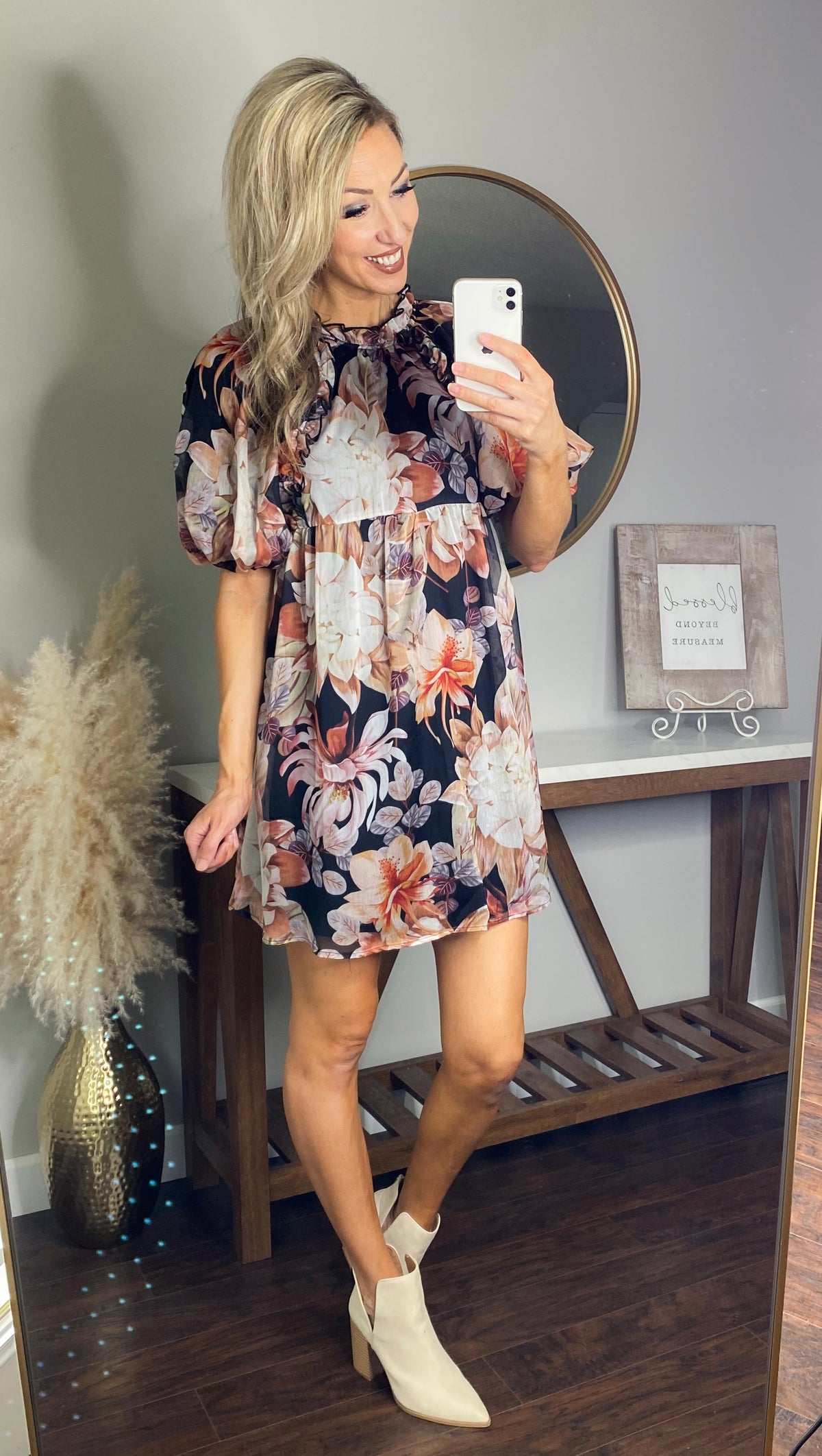 Dark Night Puff Sleeve Floral Dress