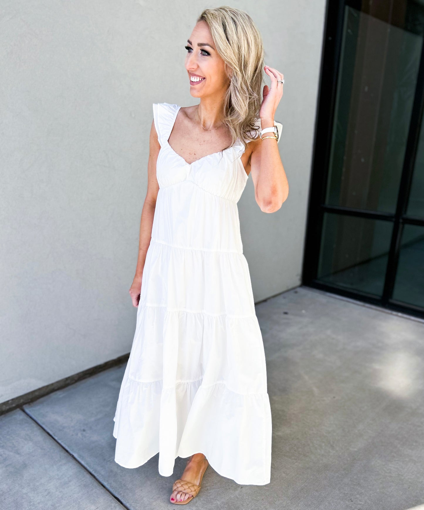 Ellenora Poplin Ruffle Sleeve Maxi Dress (White)