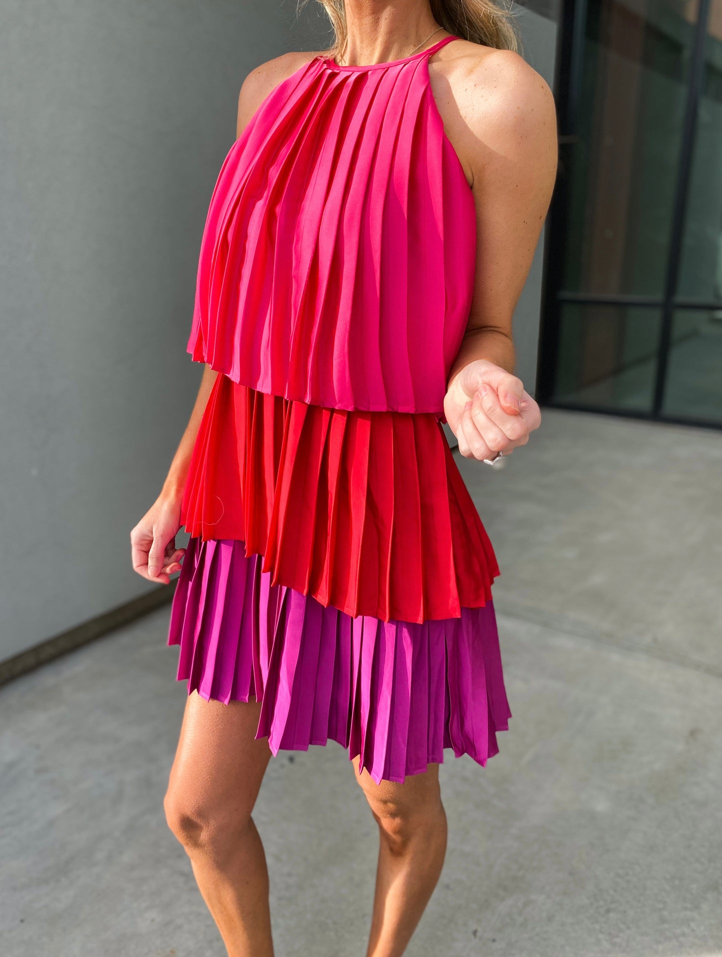 Mariella Color Blocked Pleated Satin Tiered Mini Dress