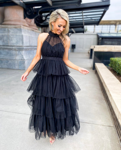 At It's Finest Halter Neck Tiered Tulle Maxi Dress