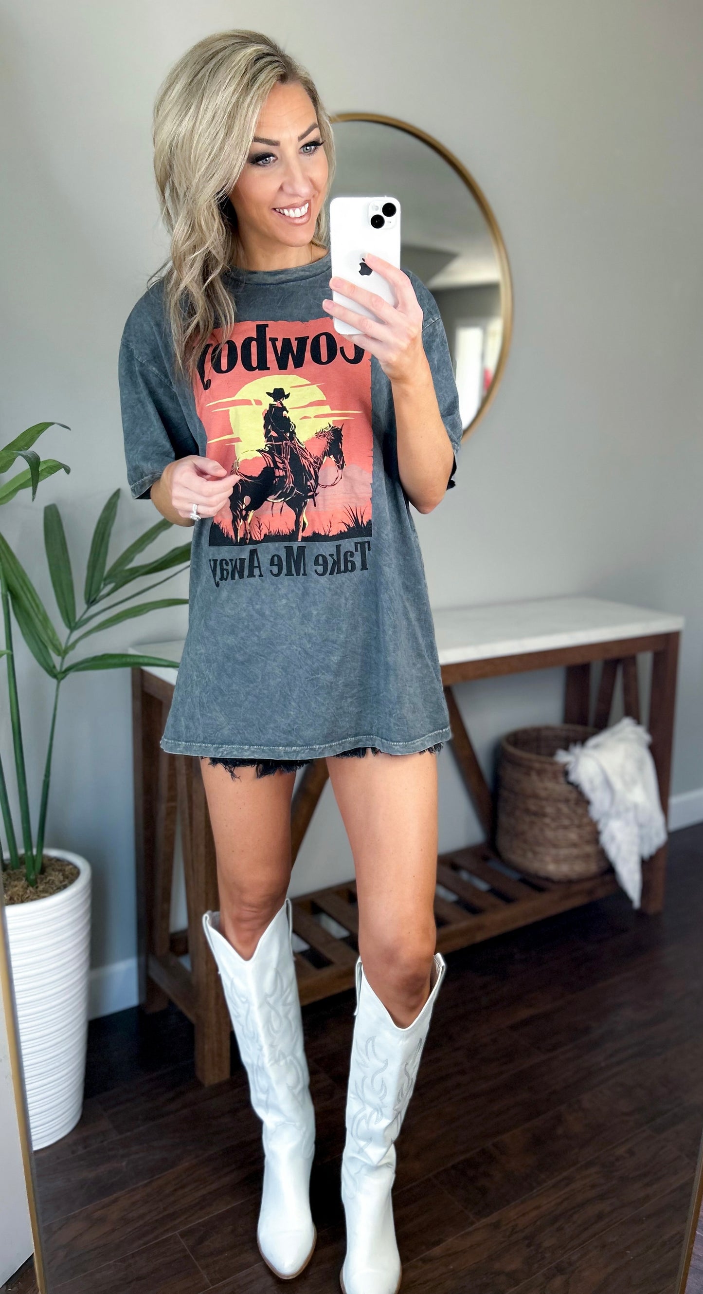 Cowboy Take Me Away Country Graphic Tee - T Shirt Dress - Mineral Wash Gray, Extra Large | Hazel and Olive | Boutique Fashion