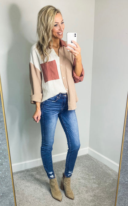 Kalea Color Block Button Up Oversized Top