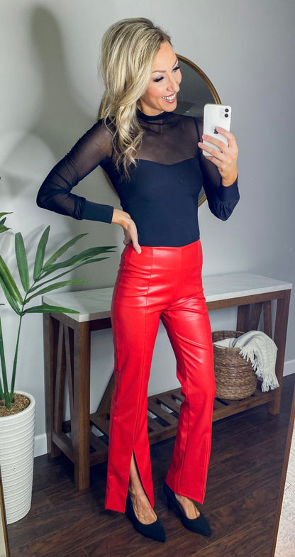 Arielle High Waisted Faux Leather Front Slit Hem Pants