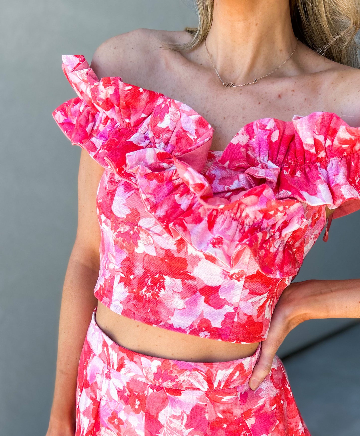 Sasha Flower Print Cropped Ruffle Top