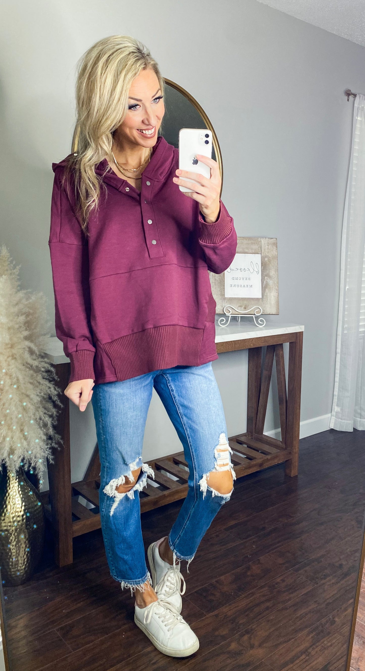 Anngie French Terry Oversized Pullover Hoodie (Wine)