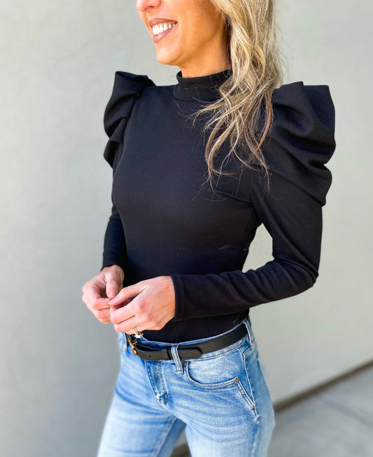 Renee High Neck Puff Shoulder Bodysuit (Black)