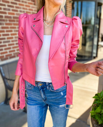Jessie Puff Sleeve Faux Leather Moto Jacket
